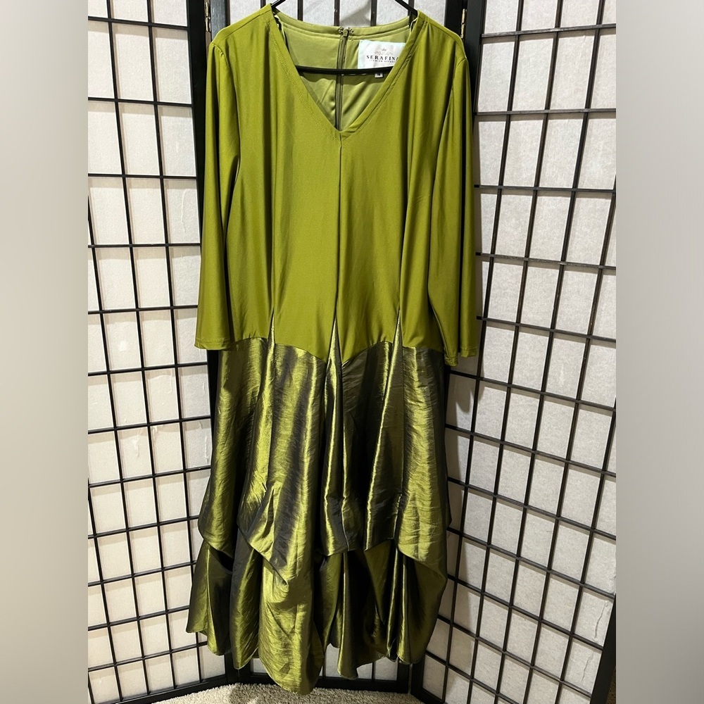 SERAFINA Olive GREEN QUATER SLEEVE V-Neck ASYMMETRICAL SATIN Layered Dress SZ 16
